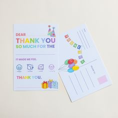 a thank you card with balloons on it next to a note that says, dear thank you so much for the birthday boy