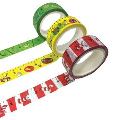 three rolls of tape with christmas designs on them, one is green and the other is red