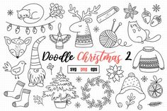 doodle christmas 2 svg bundle with hand drawn ornaments and other holiday items in black and white