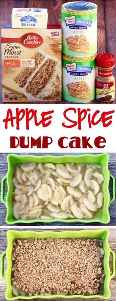 apple spice dump cake recipe in three different pans with the same topping on top