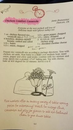 the recipe for chicken comfort casserole is shown in this handwritten recipe book