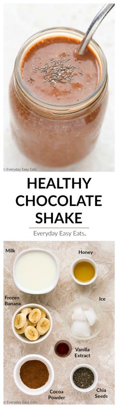 healthy chocolate shake recipe in a jar with ingredients to make it and how to use it