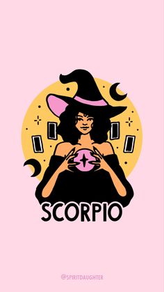 a woman wearing a witches hat and holding a star with the word scorrio on it