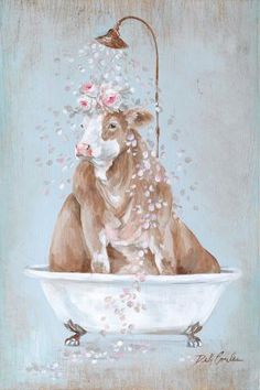 a painting of a cow sitting in a bathtub with bubbles coming out of it