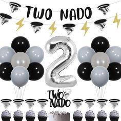 there are balloons and cupcakes in the shape of two numbers with lightning on them