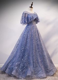 Charming Blue Shiny Tulle And Lace Long Formal Gown, Blue A-line Off Shoulder Prom Dresses on Luulla Cap Sleeve Prom Dress, Prom Dress Blue, Sleeve Prom Dress, Blue Evening Gowns, Cheap Formal Dresses, 파티 드레스, Cheap Evening Dresses, Blue Evening Dresses, Fantasy Dresses