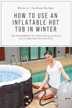 a woman sitting on the ground next to an inflatable hot tub with water hoses