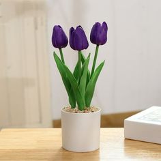 three purple tulips in a white pot on a table next to a remote control