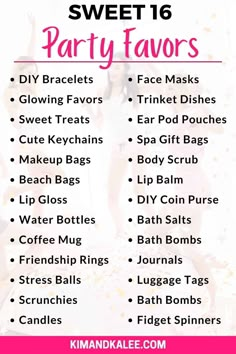 the sweet 16 party favors list