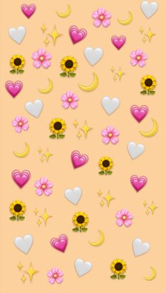 a pink background with hearts, sunflowers and stars