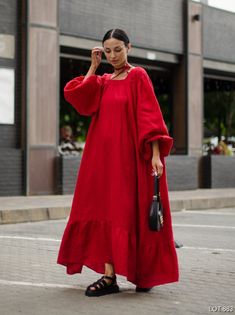 Linen maxi dress "Aurora" in red! A boho dress with puff sleeves and open back looks very luxurious and romantic. You will definitely be noticed when wearing this oversized dress. DETAILS * Maxi length * Long puff sleeve * Square neck * Belt * Loose fit * Perfect for summer, autumn, spring! MATERIAL * Made from certified 100 % all-natural premium European linen! COLOUR OPTIONS * The color of the product - red You can also choose other color: Available in 204 colors! SIZE * From XS to Plus size * Dress length - 135 cm, sleeve length - 67 cm, bust - 126 cm Individual sewing in your size! Long Sleeve Maxi Dress Plus Size, Red Linen Dress Outfit, Oversized Red Bohemian Dress, Bohemian Red Floor-length Midi Dress, Red Lantern Sleeve Evening Dress, Elegant Red Bishop Sleeve Dress, Elegant Red Dress With Bishop Sleeves, Red Dress Evening, Long Summer Dress Outfits