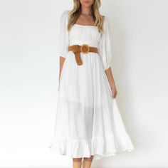 White Square Neck Bowknot Back Lantern Sleeve Casual Dress Bohemian Belted Dress For Day Out, Fall Beach Midi Dress In Solid Color, Vacation Midi Dress With Square Neck, Casual Flowy Belted Maxi Dress, Casual Belted Flowy Dress, Summer Belted Midi Dress, Summer Solid Color Belted Midi Dress, Belted Solid Color Midi Dress For Summer, Casual Belted Maxi Dress For Vacation