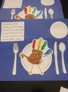 a paper turkey on a plate with forks and spoons next to a note about thanksgiving