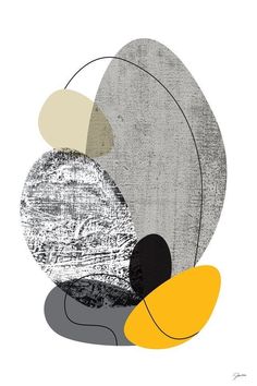 an abstract painting with grey, yellow and black circles on the top of each circle