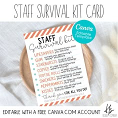 a sign that says stay survival kit card on top of a wooden plate with cotton floss