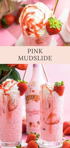 pink mudslide with strawberries and whipped cream on top, in front of two bottles