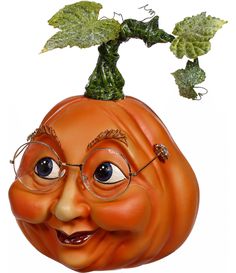 a pumpkin with glasses and a leaf on it's head