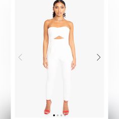 Nwt Brand: Black Halo Style: Jada Jumpsuit Color: Porcelain / White Size: 2 Notes: - Center Cutout - Strapless White Gold Heart-cut Halo Earrings, Jumpsuit Navy Blue, Evening Jumpsuit, Floral Print Rompers, Black Halo, Strapless Jumpsuit, Halo Style, White Jumpsuit, Long Sleeve Jumpsuit