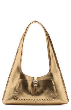 Tonal whipstitching adds rich texture to this lightly structured leather shoulder bag designed with a handy exterior pocket. Magnetic-snap tab closure Shoulder strap Exterior pocket Leather Imported Formal Hobo Tote Bag With Magnetic Closure, Gold Rectangular Hobo Bag For Formal Occasions, Gold Leather Bag For Workwear, Gold Leather Bag For Work, Leather Hobo Bag With Magnetic Closure And Double Handle, Formal Hobo Shoulder Bag With Magnetic Closure, Gold Leather Shoulder Bag With Metal Hardware, Gold Shoulder Bag With Adjustable Strap For Work, Gold Shoulder Bag With Metal Hardware