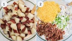 two pictures side by side showing the process of making potato salad