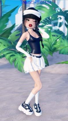 a woman in a black top and white skirt standing next to a palm tree with her hands on her hips