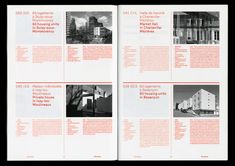 an open book with pictures of buildings and text on the front cover, in red