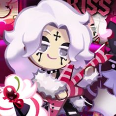 an anime character with white hair and black eyes holding a candy cane in her hand