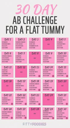 the 30 day ab challenge for a flat tummy is shown in pink and black