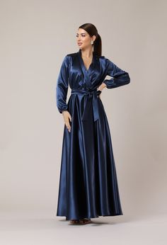 Navy Blue Dress, Satin Dress, Long Sleeve Long Dress, Formal Dress, A Line Dress, Resort Dress Party Dress, elegant dress, flowy dress, summer dress, cocktail dress, silky dress, maxi dress, maid of honor, occasion dress, women dress, long dress, evening dress, reception dress, satin maxi dress, summer wedding dress, summer wedding guest dress. To wear for romantic dinner dress, parties & beach, the dress perfect for engagement and photo shoot, for special occasion.  ❖ The material has 99% polye Royal Blue Long Sleeve Dress For Banquet, Royal Blue Satin V-neck Dress, Blue A-line Satin Dress For Wedding, Royal Blue Satin Dress For Formal Occasions, Royal Blue Satin Dress For Banquet, Royal Blue Long Sleeve Evening Dress, Blue Satin Maxi Dress For Party, Royal Blue Long Sleeve Wedding Dress, Long Sleeve Satin Dress For Banquet