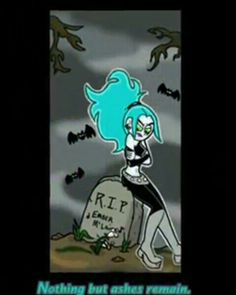 an animated image of a woman with blue hair standing in front of a gravestone