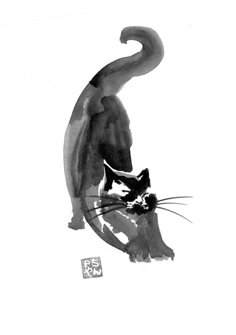 a black and white drawing of a cat with its head in the air, looking down at it's tail