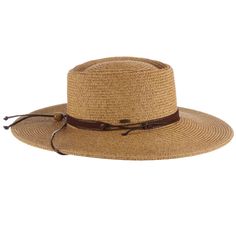 Classy gaucho style hat with flat brim, 4" wide. Sunken crown with straight sidewalls. Faux suede band with waxed cord tie accent. Faux leather chin strap. Adjustable drawstring inside crown. UPF 50+ sun protection hat. One size. 100% toyo braid Adjustable Brown Boater Hat With Flat Crown, Brown Leather Fedora, Casual Adjustable Braided Boater Hat, Casual Braided Boater Hat, Brimmed Brown Boater Hat For Country Events, Brown Brimmed Boater Hat For Country Events, Adjustable Brown Boater Hat With Flat Brim, Brown Flat Crown Sun Hat For Beach, Adjustable Wide Brim Boater Hat For Outdoor