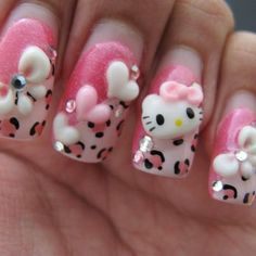 Cute Acrylic Nails With Glitter, Aesthetic Ribbon, Slay Nails, Feather Nail Art, Gyaru Nails, Hello Kitty Nails Art, Kitty Nail, Uñas Ideas, Doll Beauty