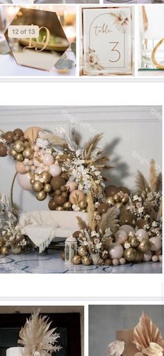 several different pictures with gold and white decorations on top of each other, including an assortment of