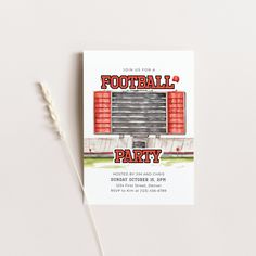 a football party card with the words football party on it next to a toothbrush