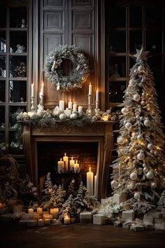 a decorated christmas tree in front of a fireplace with lit candles and ornaments around it