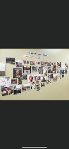 a bulletin board with pictures on it and the words happy lab week