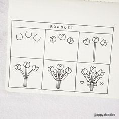 the instructions for how to draw tulips are shown in black ink on a white paper