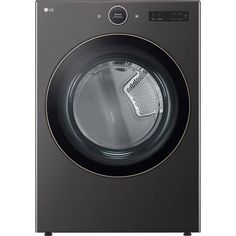 the front view of a black washer with its door open and water coming out