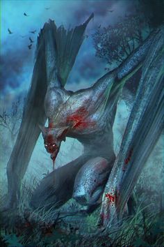 a dragon with blood on its face sitting in the grass