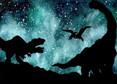 two dinosaurs are silhouetted against the night sky