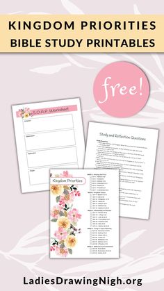 the printable bible study guide for kids with pink flowers on it and text that reads kingdom