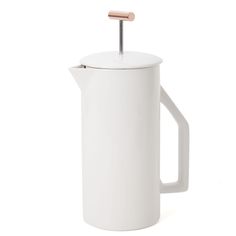 a white coffee pot with a wooden handle on the top and bottom, in front of a white background