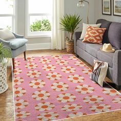 RetroMaggie Area Rug 48" × 72" Vintage Retro 60s 70s Pink & Orange Daisy Mod Floral Area Rug Small Rugs In Bedroom, Clean Room Aesthetic, Rugs Layout, Orange Daisy, Floral Area Rug, Retro Rugs, Retro Room, Retro 60s, Pink Area Rug