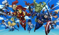 the avengers team is flying through the air