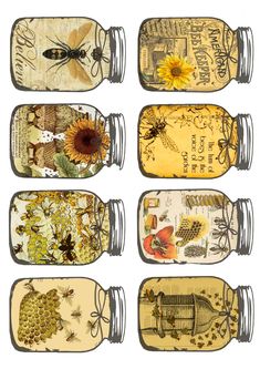 six wine bottles with different designs and pictures on them, all decorated in various styles