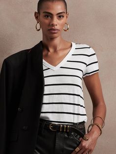 Slub V-Neck T-Shirt | Banana Republic Known And Loved, Empower Women, Comfy Fits, Basic Tees, Black Stripes, Women Empowerment, Banana Republic, V Neck T Shirt, White Black