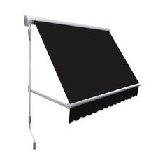 a black awning on the side of a white wall with an attached pole and metal bar