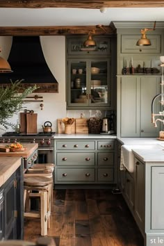 a kitchen with wooden floors and green cabinets