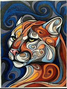 a painting of a tiger with colorful swirls on it's face